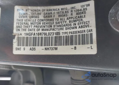 2009 Honda Civic Ex из США, поврежденный, VIN 1HGFA16879L023105